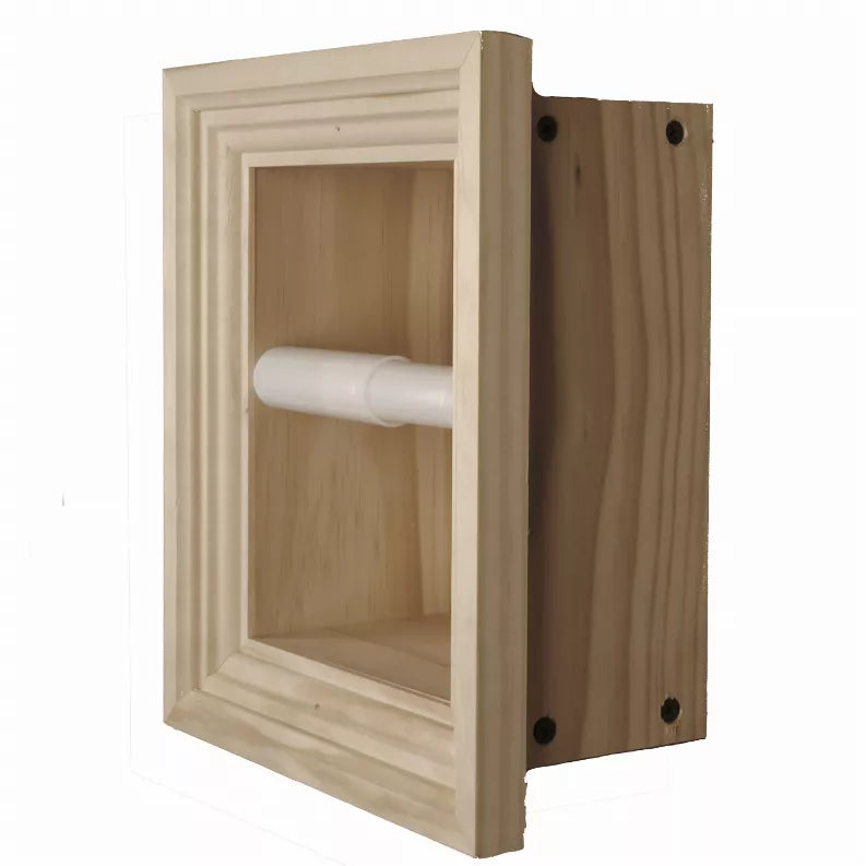 Recessed solid wood toilet paper holder with light wood finish and front open niche