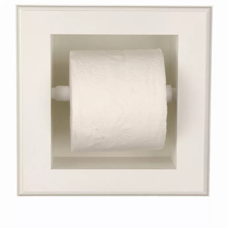 Recessed solid wood toilet paper holder with white face and centered toilet paper roll