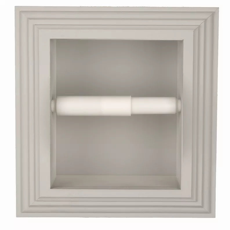 White recessed toilet paper holder with white roll inside square frame