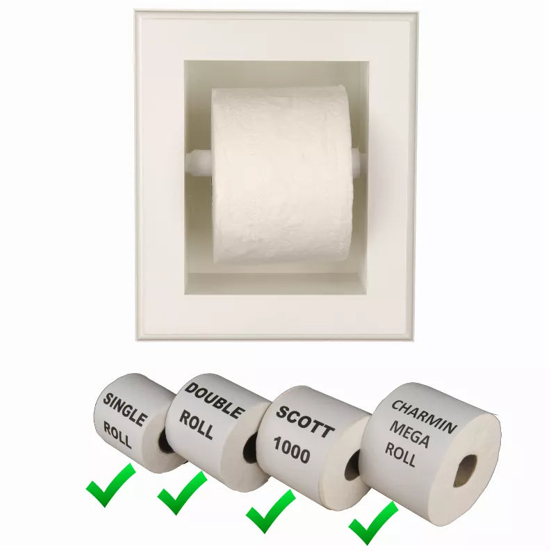 Recessed solid wood toilet paper holder with white face and multiple toilet paper roll options