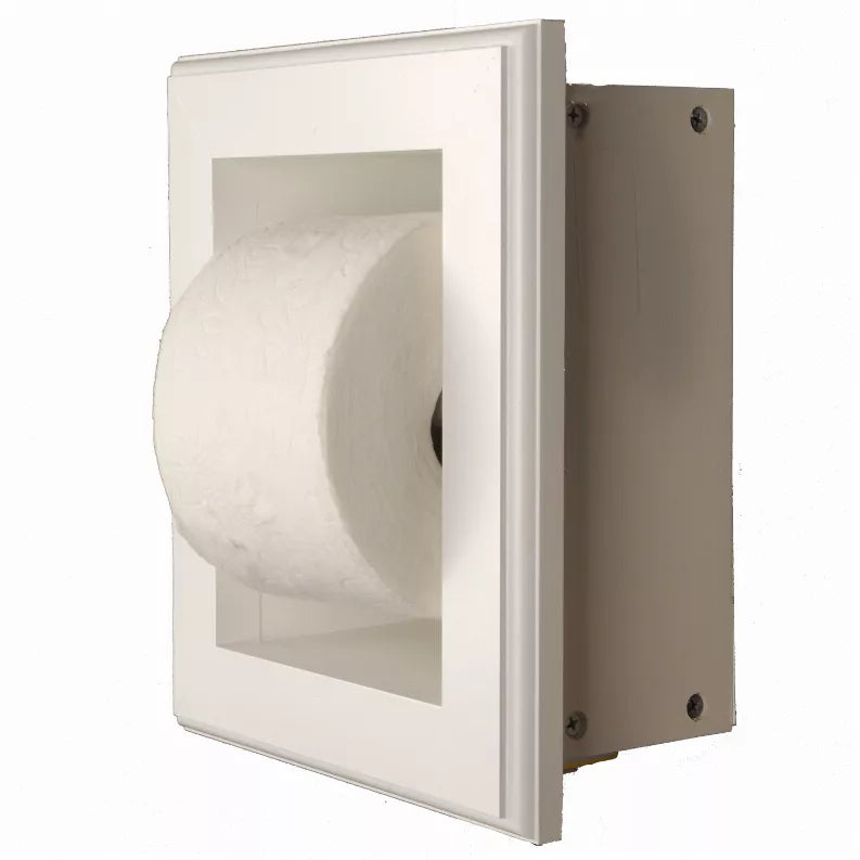 Recessed solid wood toilet paper holder with white frame, roll in view, rear mounting plate