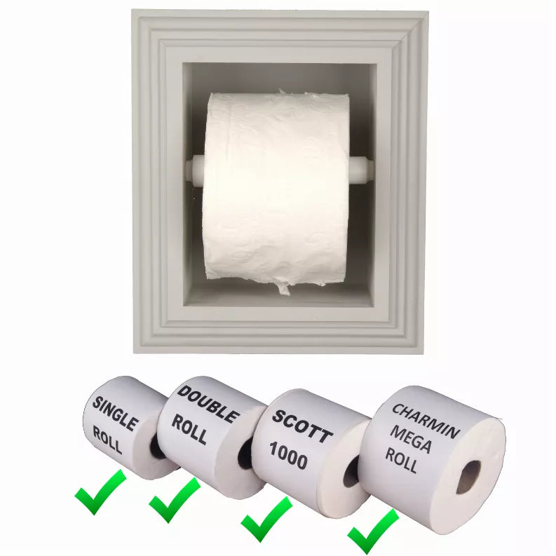 Recessed toilet paper holder with white roll in square opening