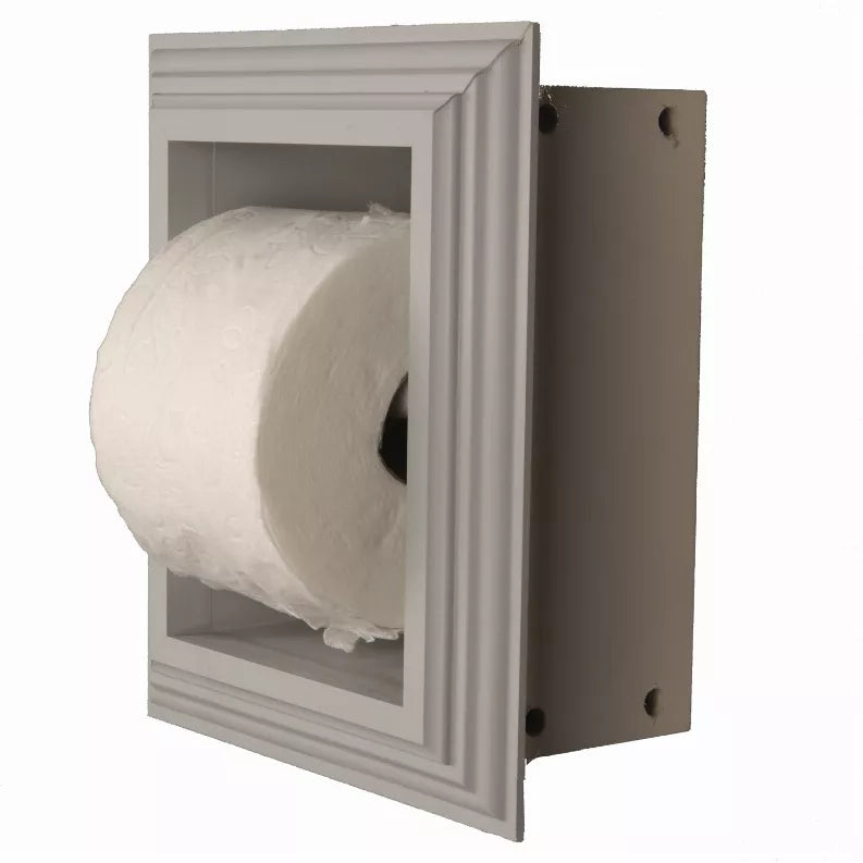 Recessed toilet paper holder with frame and mounting back plate, side view