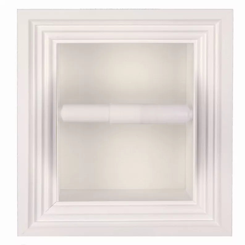 White recessed toilet paper holder frame with empty roll compartment
