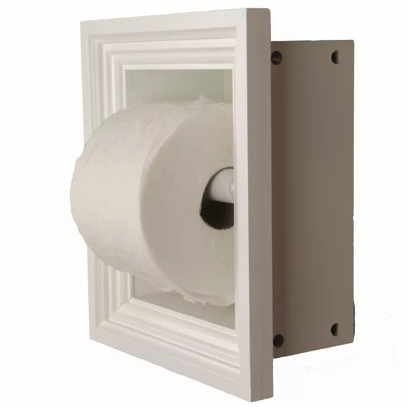 Recessed toilet paper holder frame with side mounting plate and screw holes