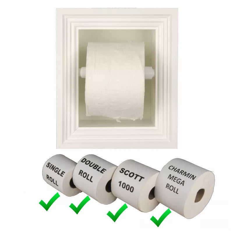 White framed recessed toilet paper holder with toilet paper roll options shown