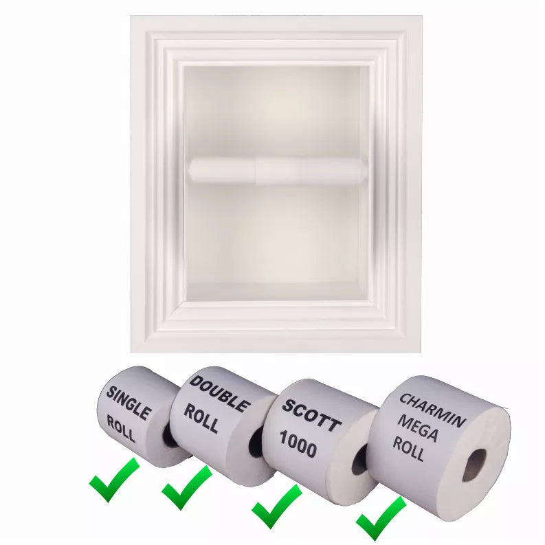 Recessed white toilet paper holder showing supported roll sizes with check marks