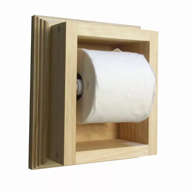 Recessed toilet paper holder with light wood frame and toilet paper roll inside