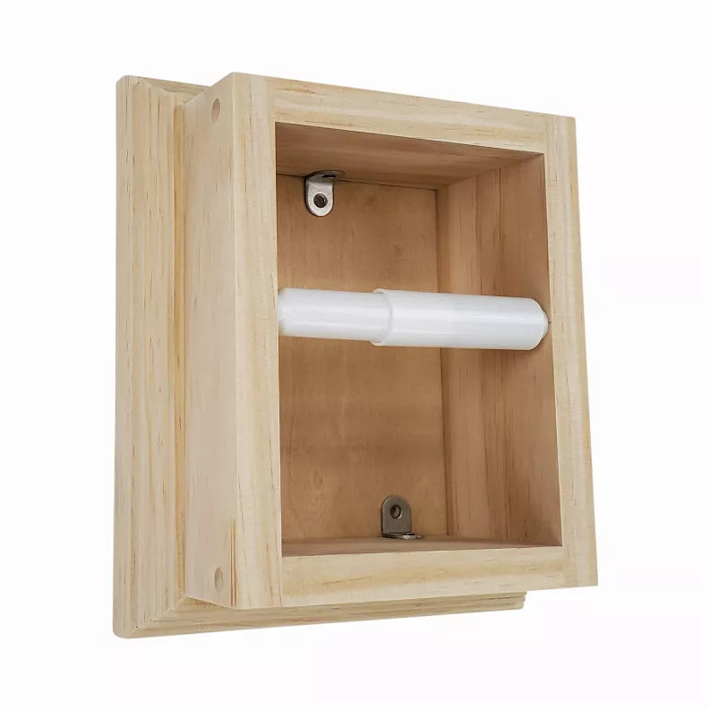 Recessed solid wood toilet paper holder with roll shown inside the opening