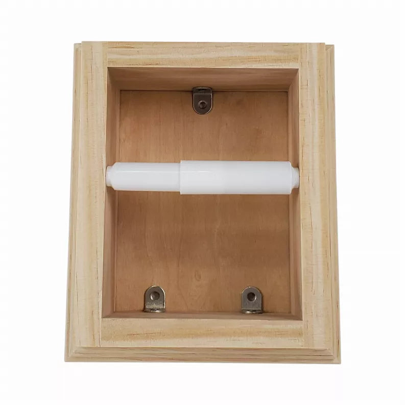 Recessed solid wood toilet paper holder with white roll inside