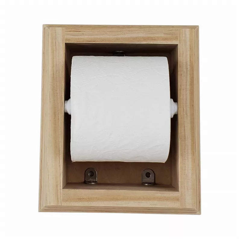 Recessed solid wood toilet paper holder with paper roll partially exposed