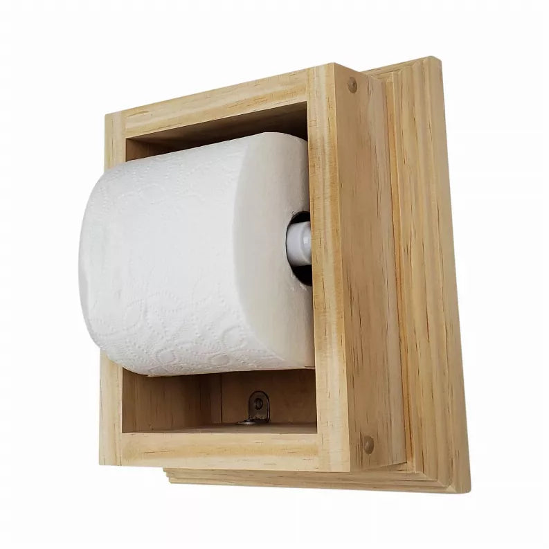 Recessed solid wood toilet paper holder showing side with roll in compartment