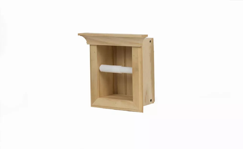 Recessed solid wood toilet paper holder with open front cavity and roll rod