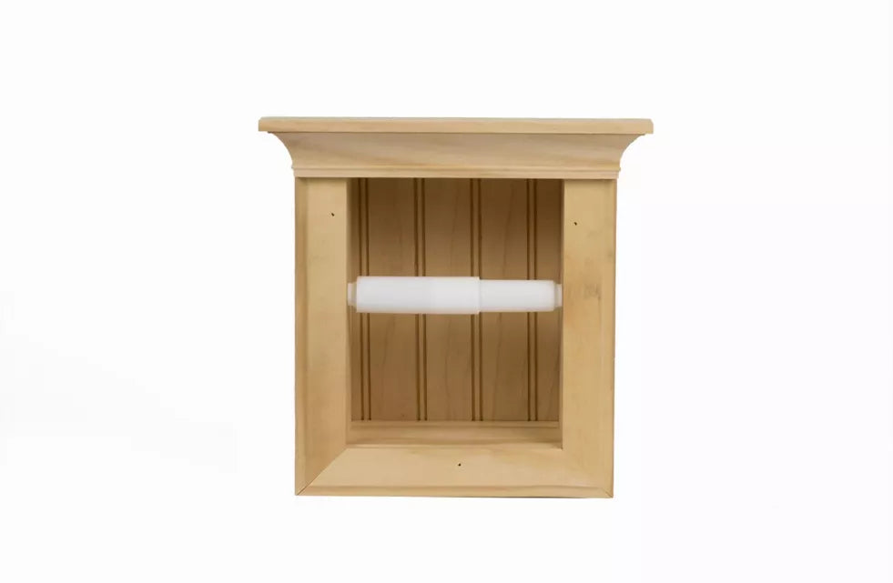 Recessed solid wood toilet paper holder with top shelf and open front, roll support