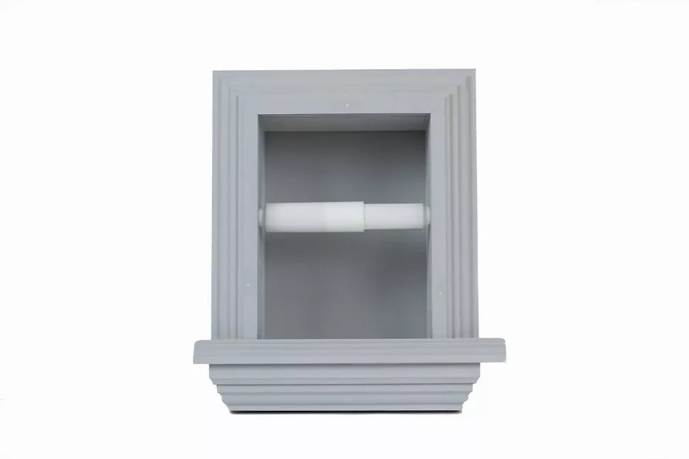 Recessed toilet paper holder with gray square frame and visible toilet paper roll
