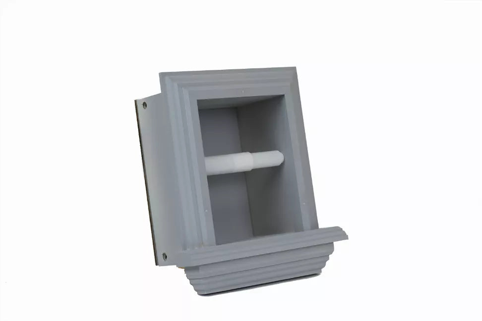 Recessed toilet paper holder in gray frame shown from an angled view with roll