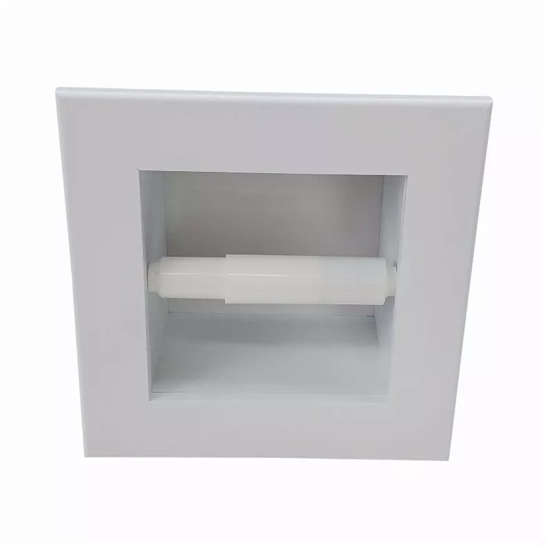 Recessed solid wood toilet paper holder in white with a rolled paper shown inside