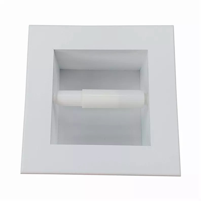Recessed toilet paper holder with white frame and roll holding cradle