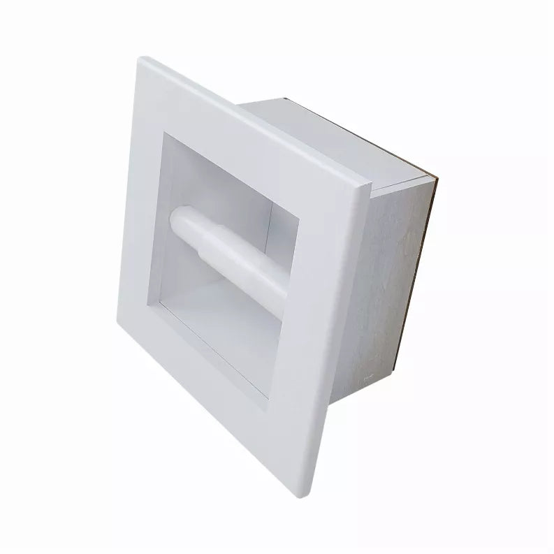 Side view of recessed toilet paper holder with white square frame