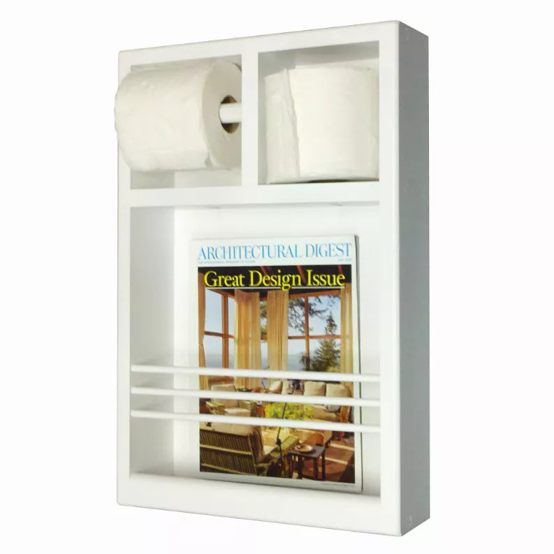 White enamel toilet paper holder combination with two roll holders and lower shelf