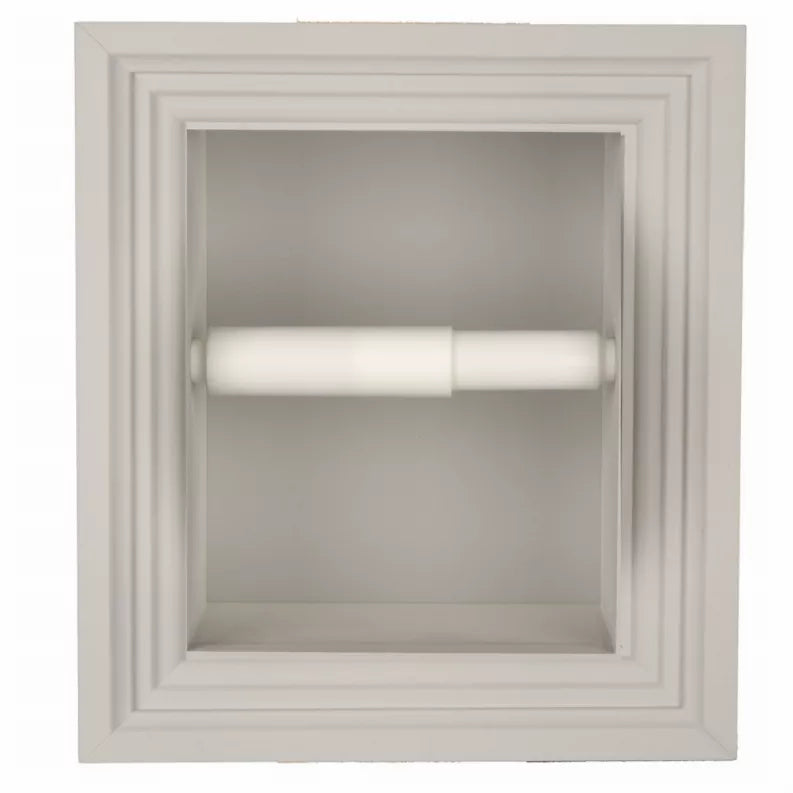 Recessed toilet paper holder front panel with square frame and empty roller area