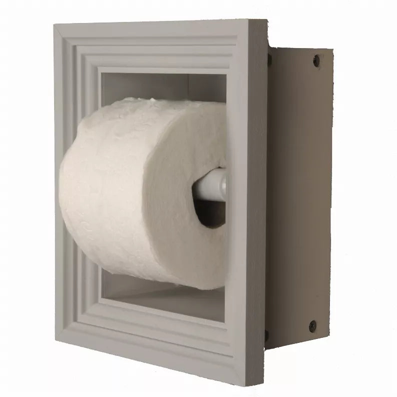 Recessed solid wood toilet paper holder with toilet paper roll, square frame and dark side panel