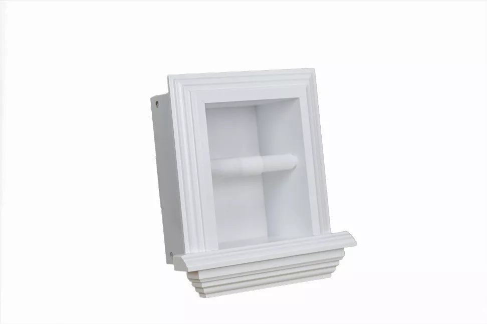 Recessed white wood toilet paper holder with roll, square frame and side mounting brackets