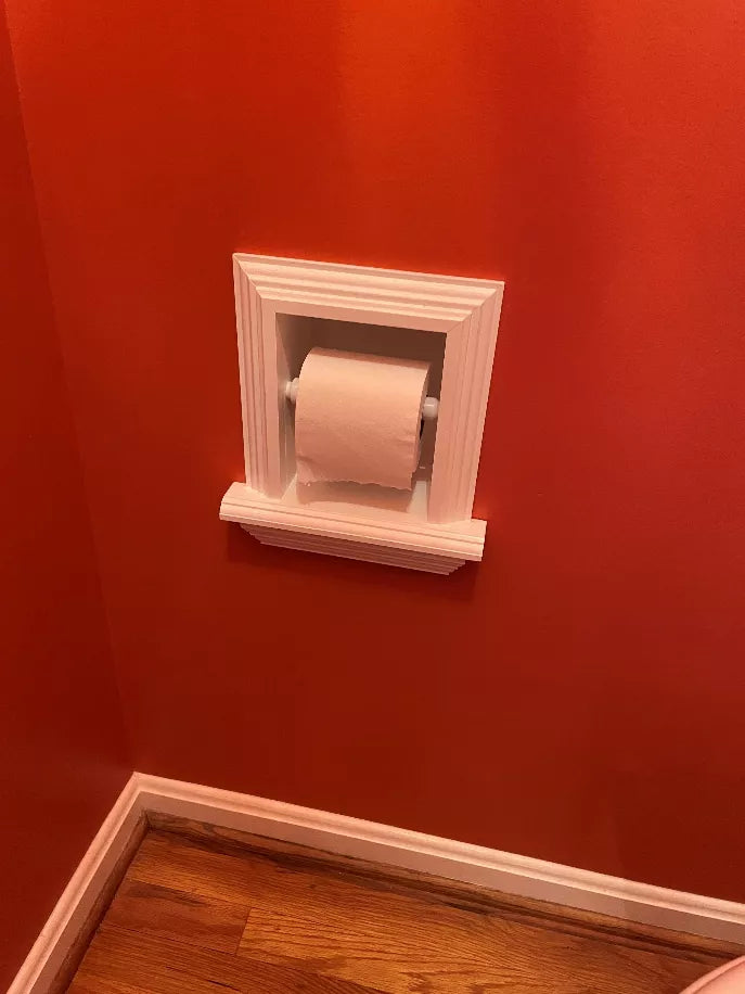 Recessed solid wood toilet paper holder on wall with toilet paper roll