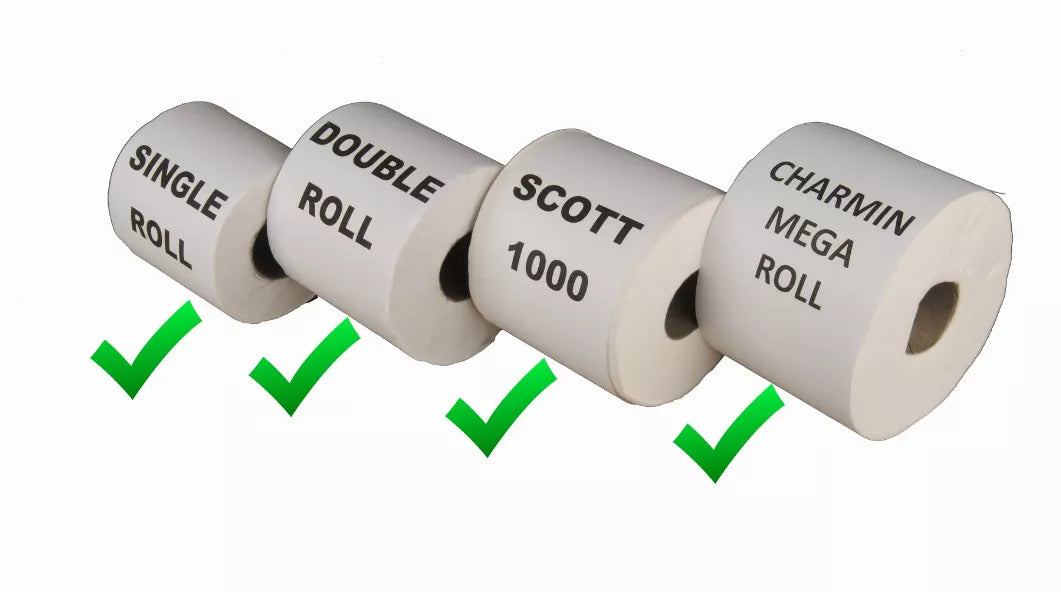 Toilet paper roll compatibility icons: single roll, double roll, Scott 1000, Charmin