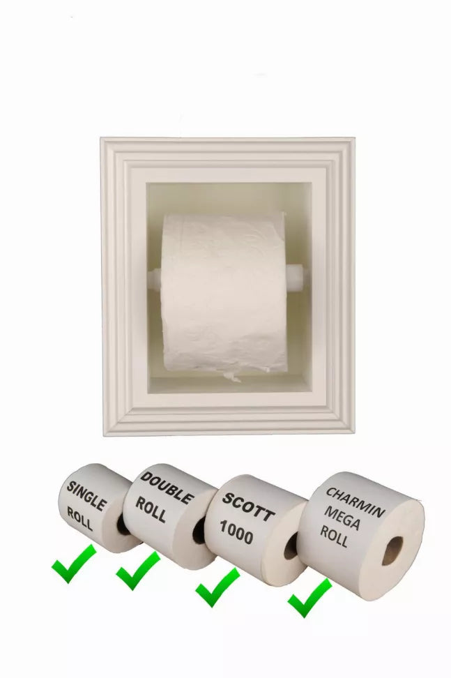 Recessed solid wood toilet paper holder with roll held inside the frame