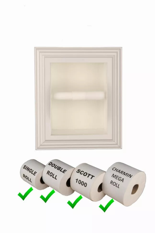 Recessed solid wood toilet paper holder frame with toilet paper roll