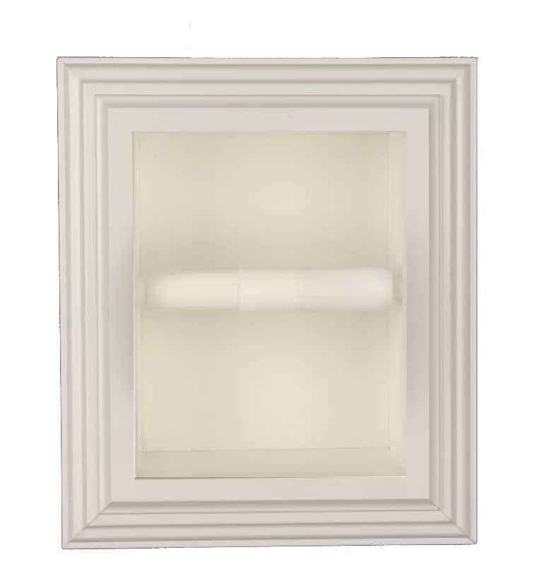 Recessed toilet paper holder with toilet paper roll behind a white wood frame