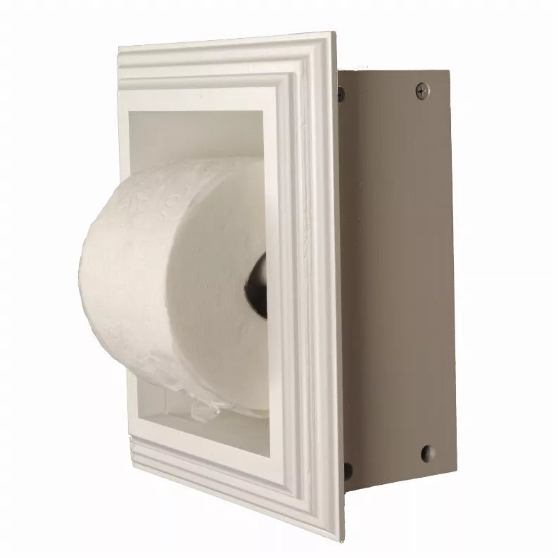 Recessed toilet paper holder angled view with roll and mounting back plate