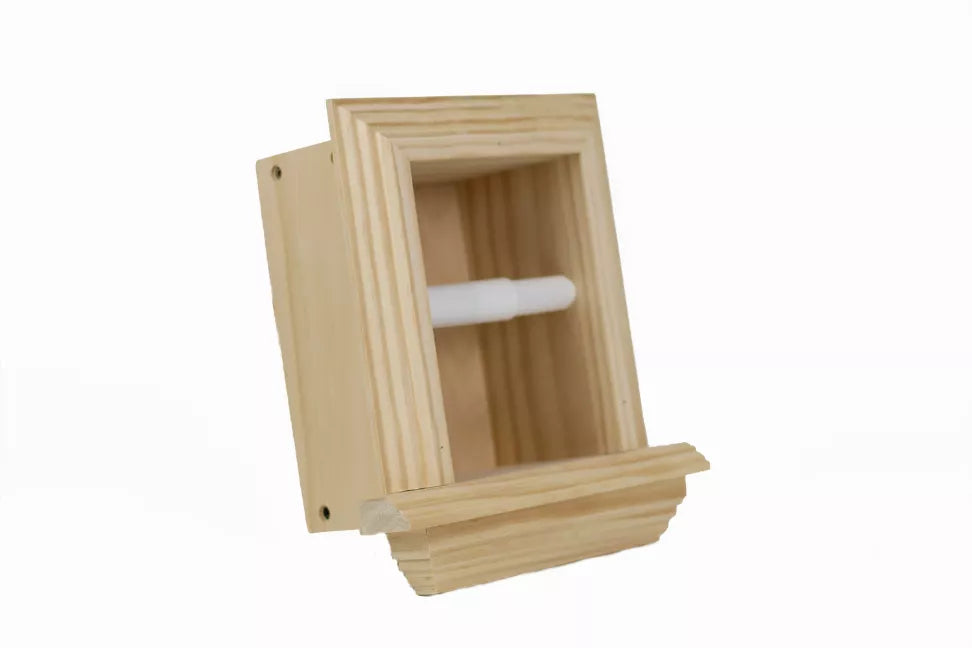 Solid wood recessed toilet paper holder frame with toilet paper roll inside