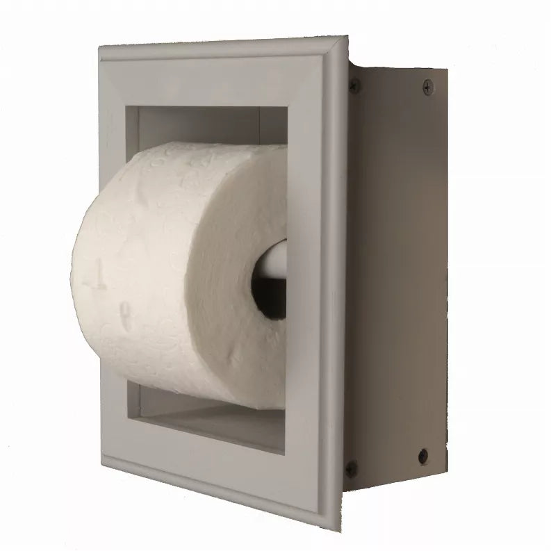 Recessed toilet paper holder in white with rolled tissue