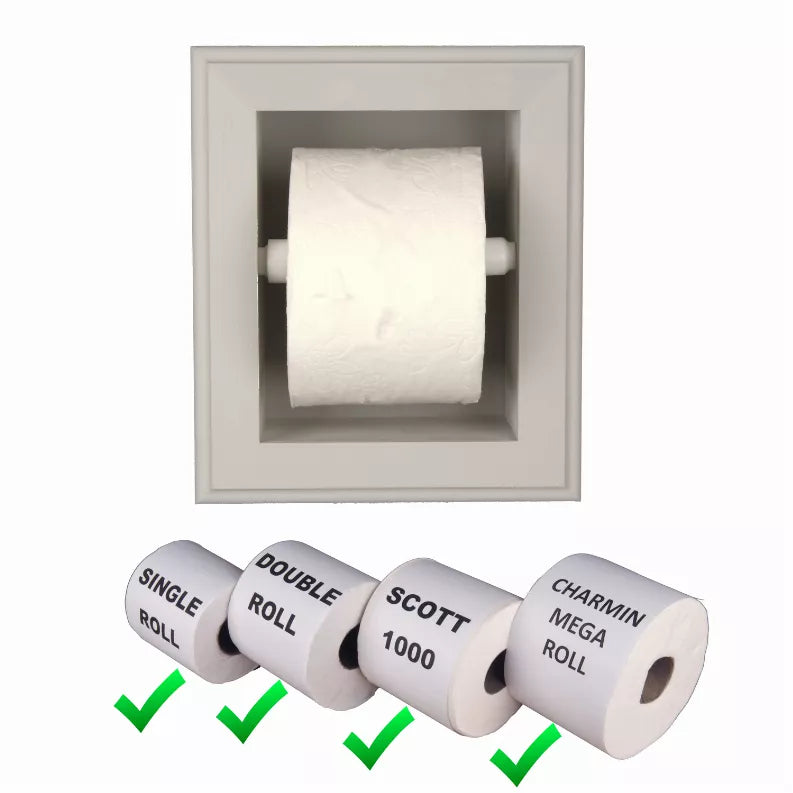 White recessed toilet paper holder with toilet paper roll and labeled roll size examples