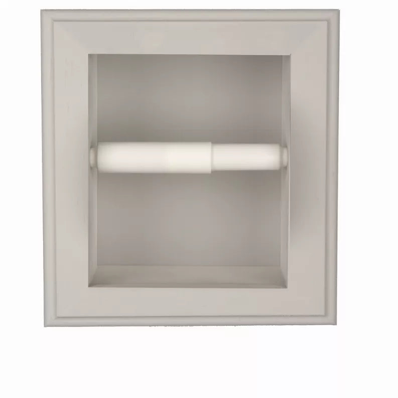 White recessed toilet paper holder with centered bar for holding a roll