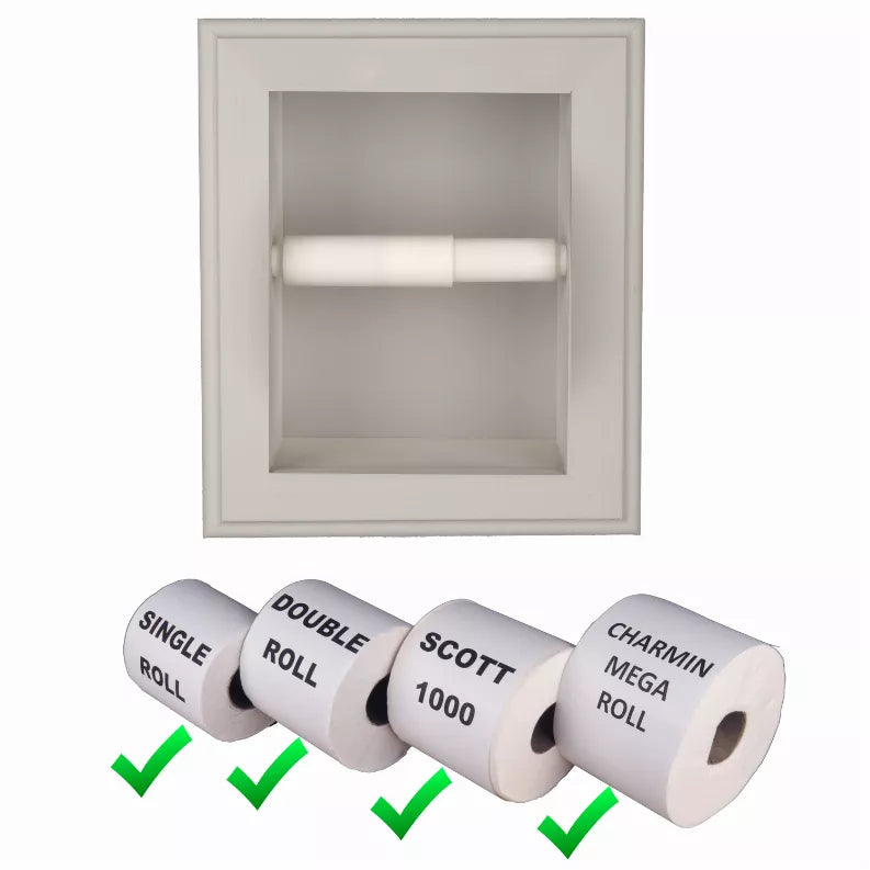 White recessed toilet paper holder with bar, plus labeled roll size examples