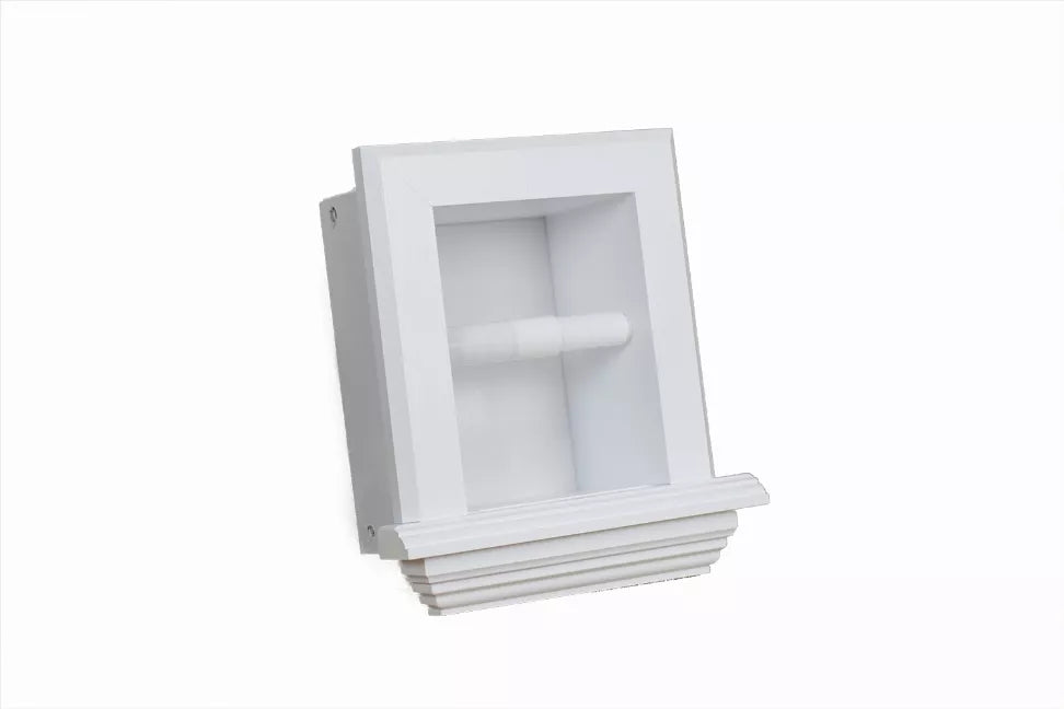 Recessed wood toilet paper holder, white frame with open center shelf for roll