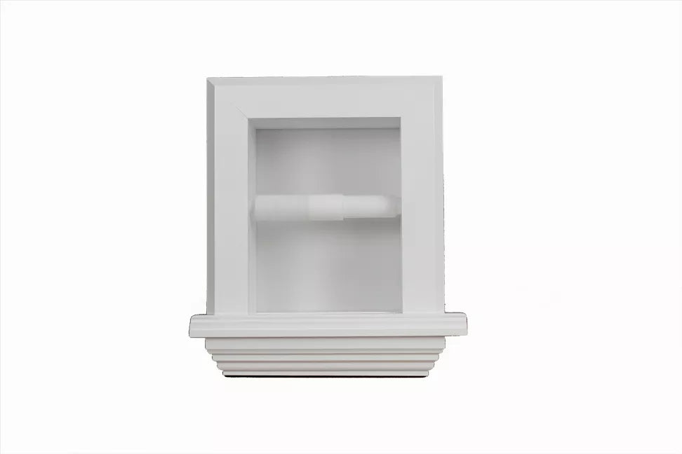 Recessed solid wood toilet paper holder with ribbed front shelf, light gray