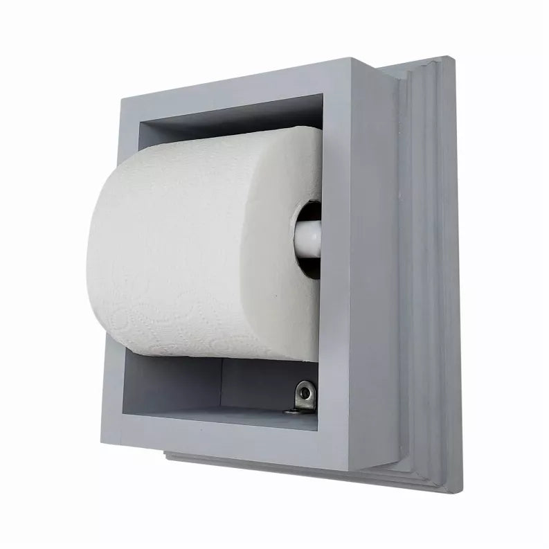 Recessed toilet paper holder, solid wood, gray finish with toilet paper roll