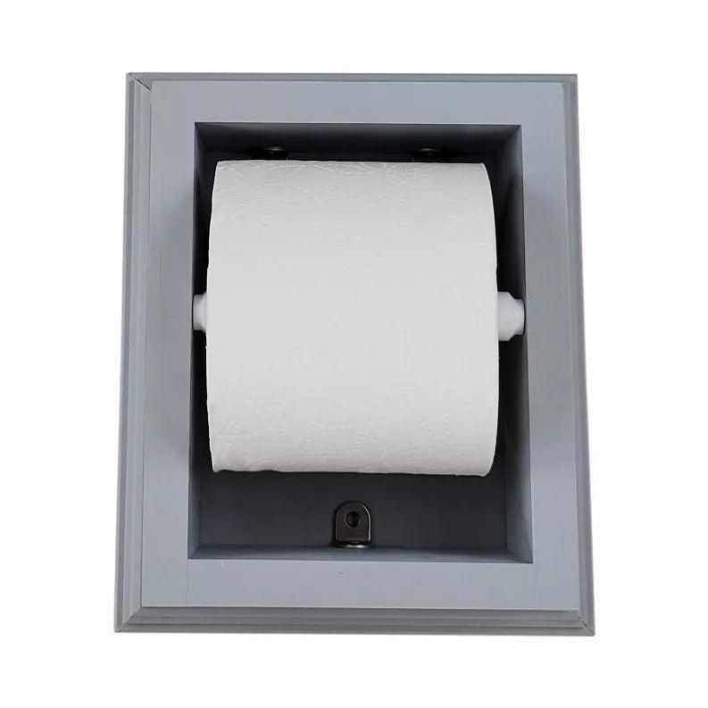 Recessed wood toilet paper holder with single roll inside a square frame