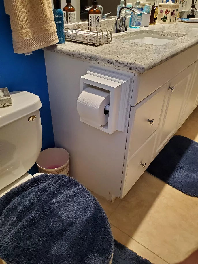 Recessed solid wood toilet paper holder with front square opening and rolled paper