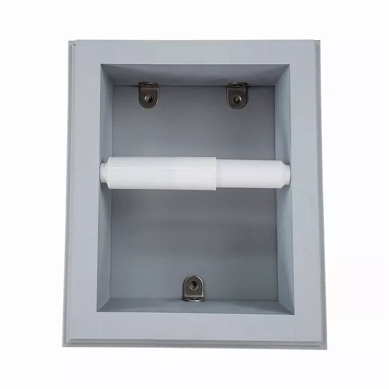 Recessed toilet paper holder in gray finish, open front showing mounting hardware