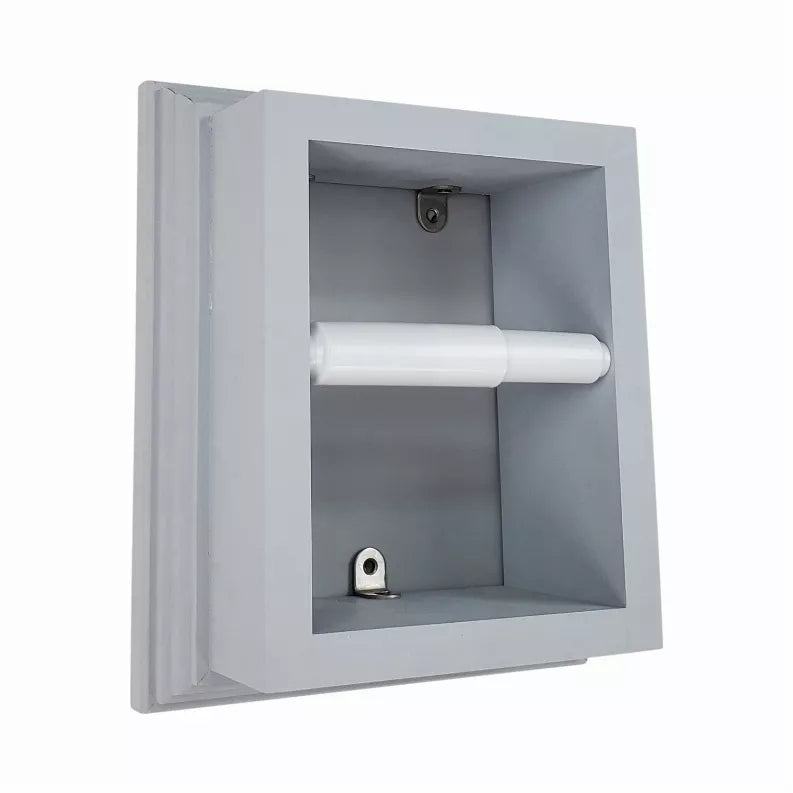Recessed toilet paper holder in solid light gray wood, holding a roll inside a square frame