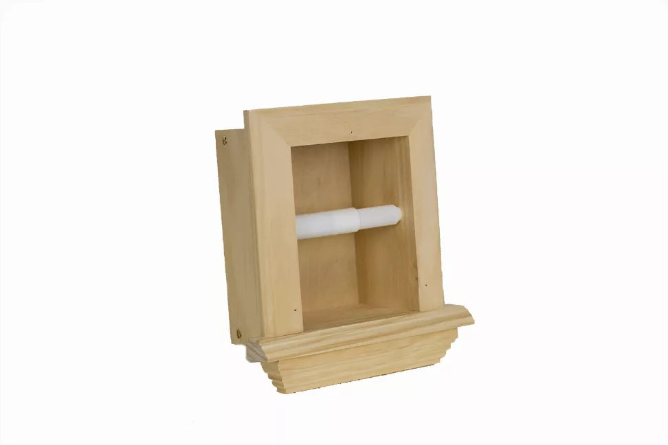 Recessed solid wood toilet paper holder angled view with light wood frame and white paper roll.