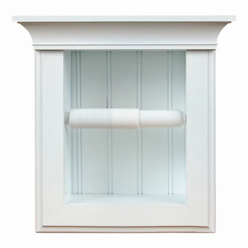 Recessed toilet paper holder with white frame and paper roll inside the wall opening