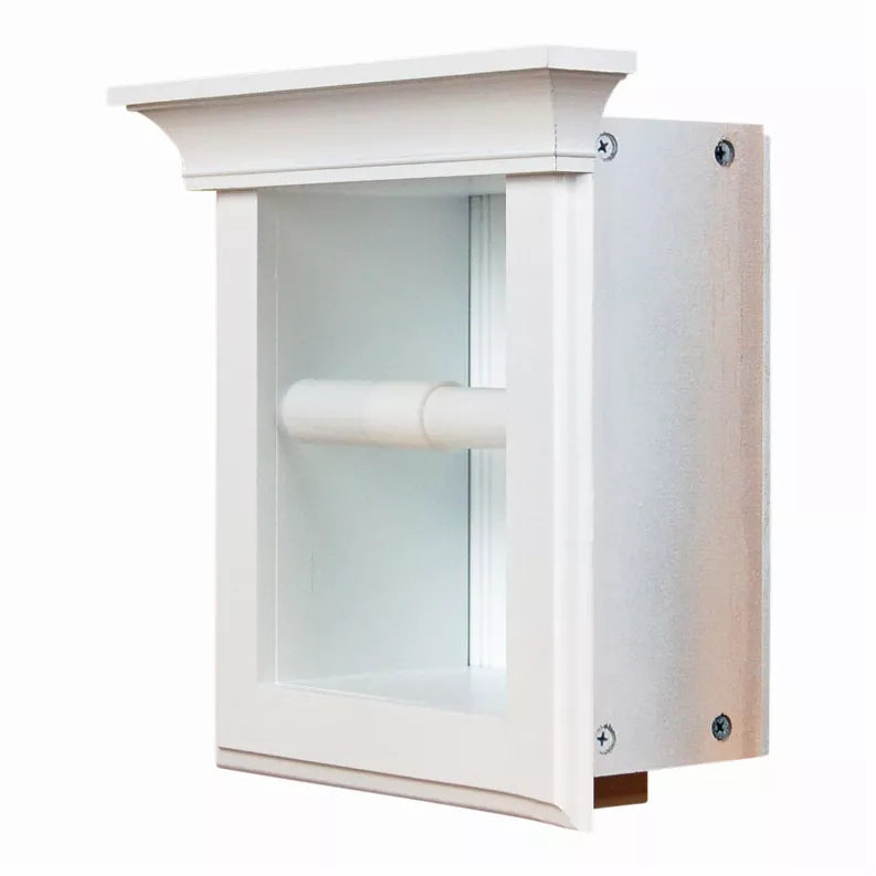 Recessed toilet paper holder with white frame and roll shown in wall mount