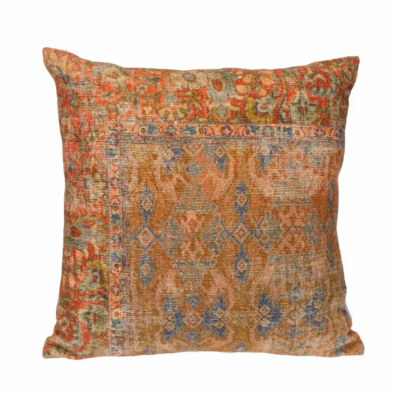 18" square tapestry pillow with patterned front in rust, orange, blue, and green