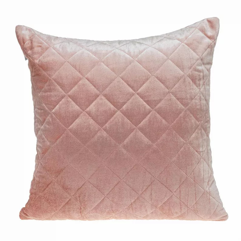 Dusty rose quilted throw pillow front with diamond stitching and square edges